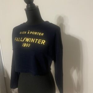 Rare Vintage Retro Navy Crop Top with Gold Lettering, Medium